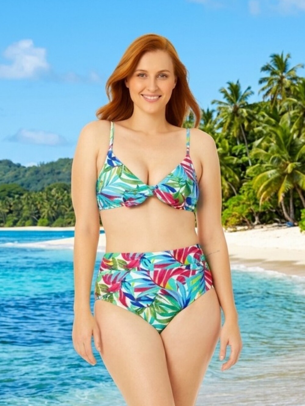 Time and Tru Women's Tie Front Bralette Swim Top and Printed Swim Bottoms